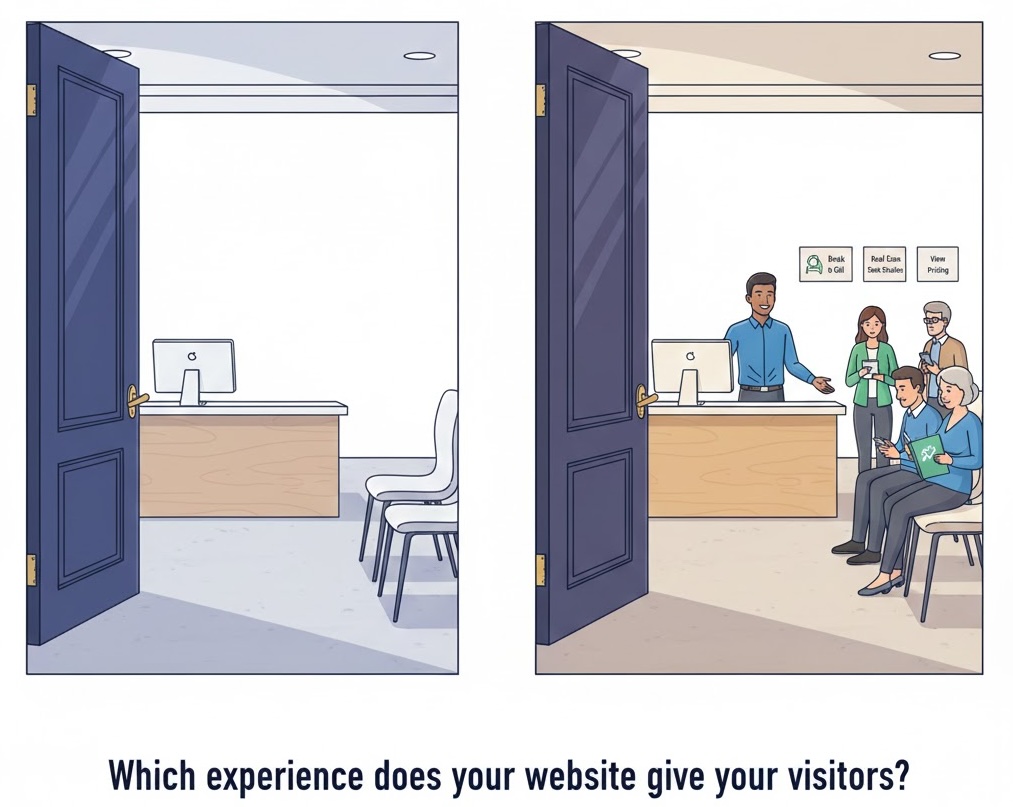 A reception desk with a concierge helping visitors